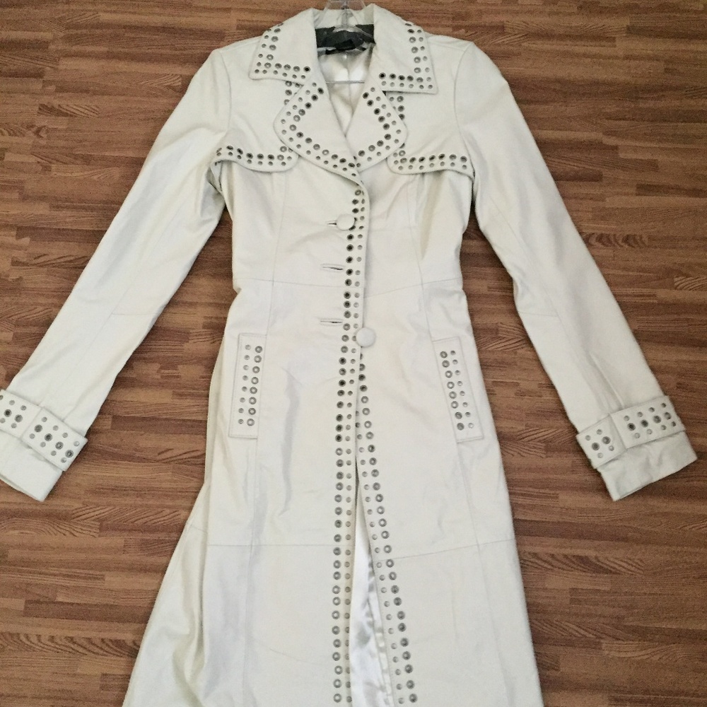 Leather trench style coat light cream color